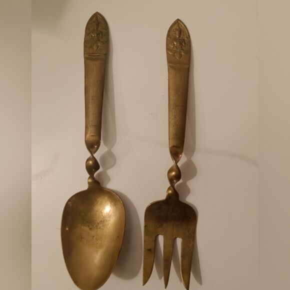 Signed Vintage Bronze Brass Spoon Fork Serving Set - Picture 5 of 8